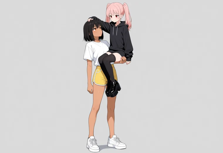 腕に座らせて持ち上げるの2人ポーズのAIイラスト作例