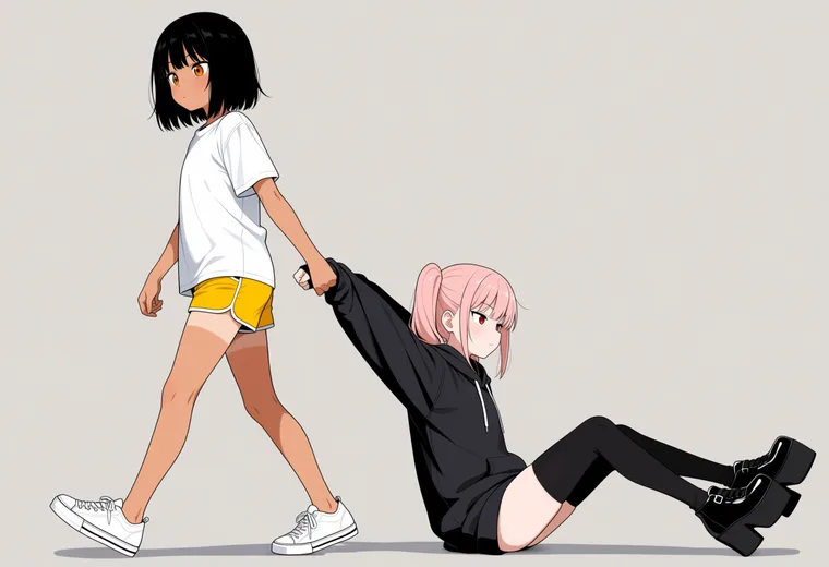 引きずって運ぶの2人ポーズのAIイラスト作例