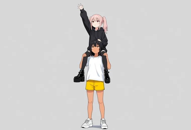肩車で高い所に手を伸ばすの2人ポーズのAIイラスト作例