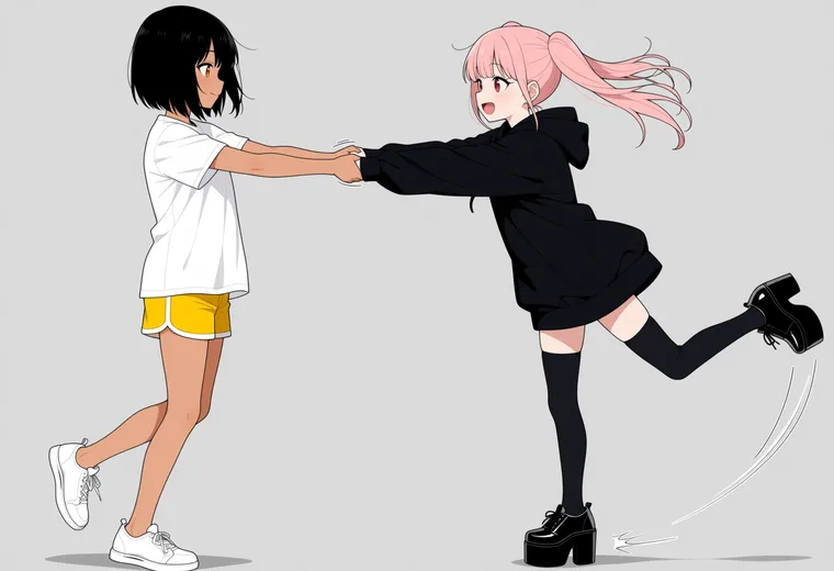 両手をつないでぐるぐる回すの2人ポーズのAIイラスト作例