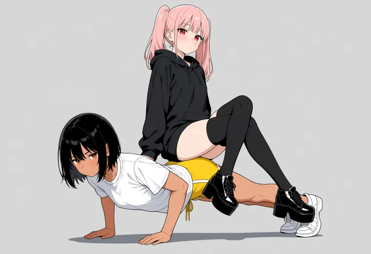 背中に乗せて腕立て伏せの2人ポーズのAIイラスト作例