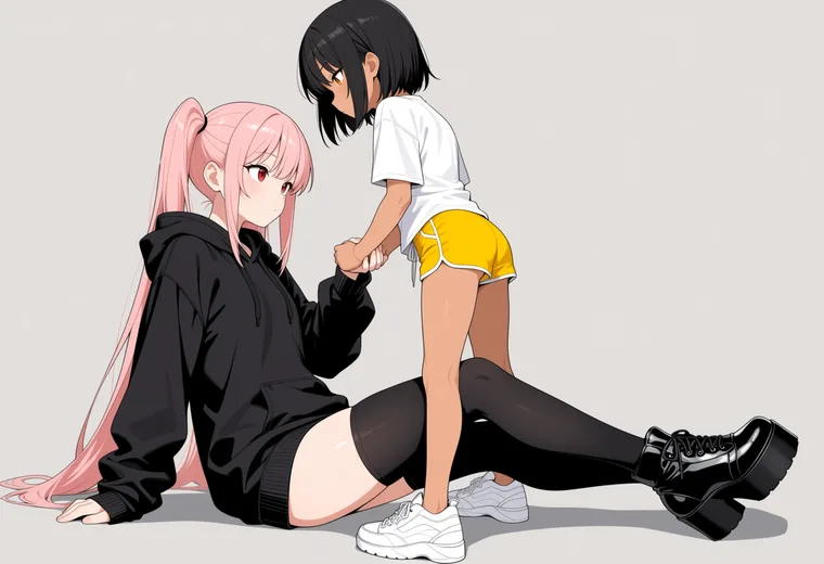 手を引いて起こすの2人ポーズのAIイラスト作例